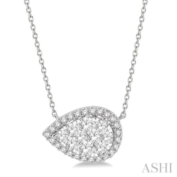 Personalized Name Plate Necklace For Brides-1 ctw Pear Shape Round Cut Diamond Lovebright Necklace in 14K White Gold