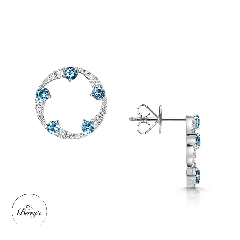 Custom Earrings For Holiday Gifts-OPEIA Collection 18ct White Gold Aquamarine And Diamond Fancy Circle Stud Earrings