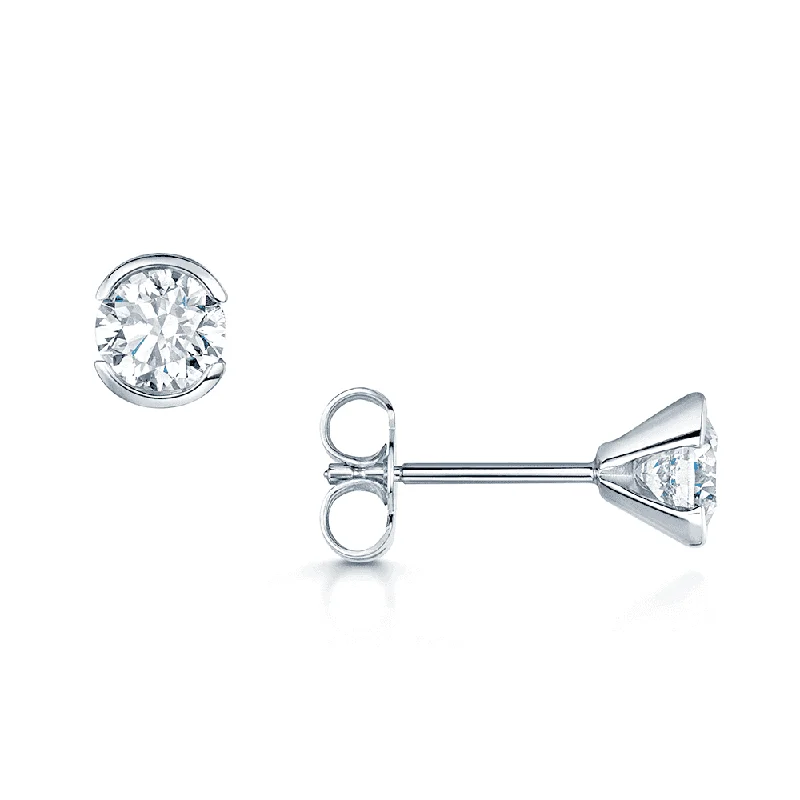 Designer Earrings For Special Events-18ct White Gold Round Brilliant Cut 1.20ct Diamond Part Rub Over Set Stud Earrings