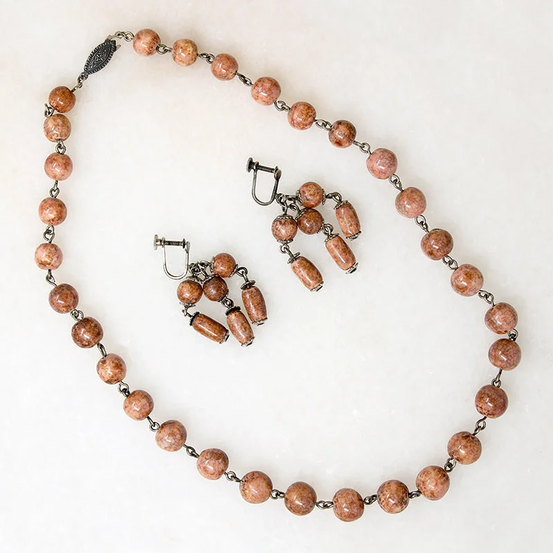 Handmade Gemstone Necklace For Special Occasions-Pink Ceramic Bead Necklace & Earring Set