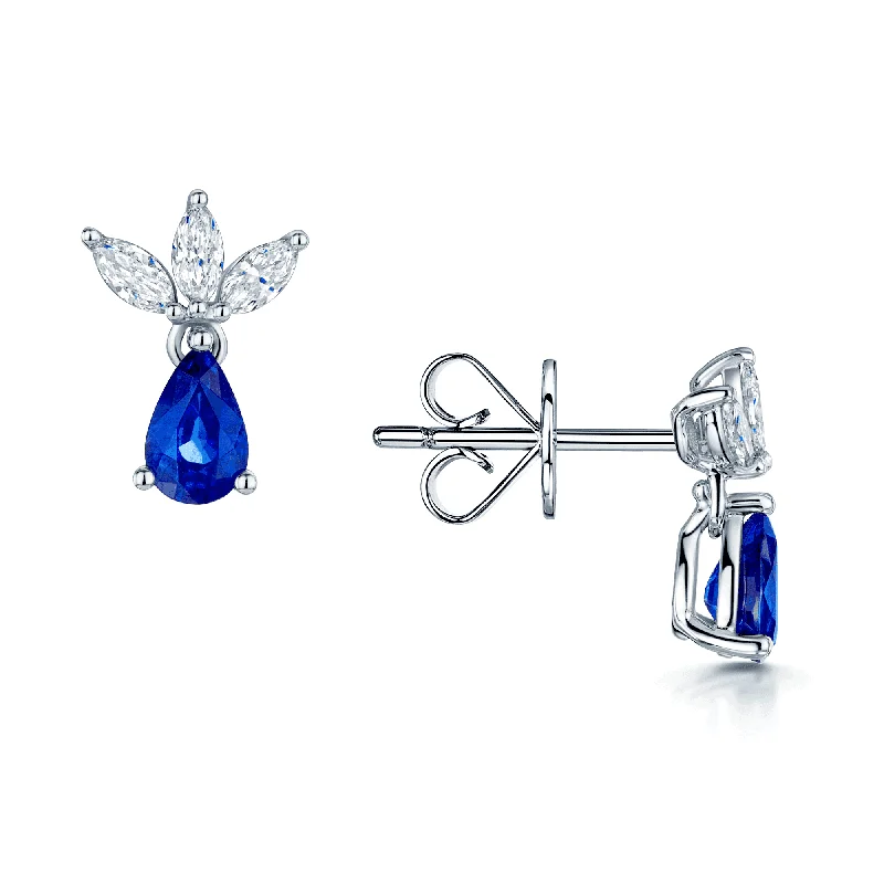 Crystal Drop Earrings For Brides-18ct White Gold Marquise Diamond & Pear Cut Blue Sapphire Drop Earrings