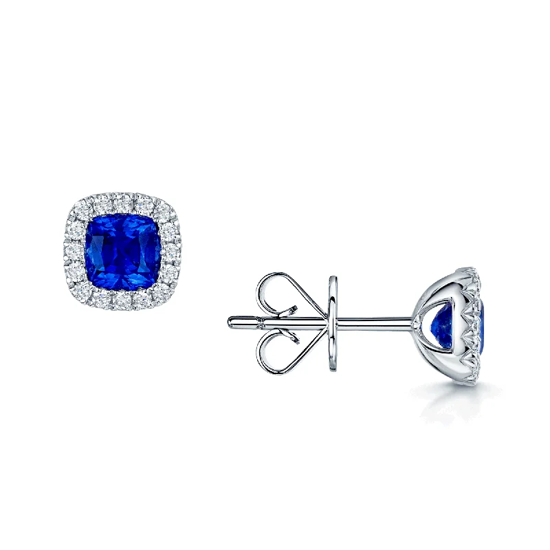 Beautiful Gold Drop Earrings-18ct White Gold Cushion Blue Sapphire With Round Brilliant Cut Diamond Halo Stud Earrings