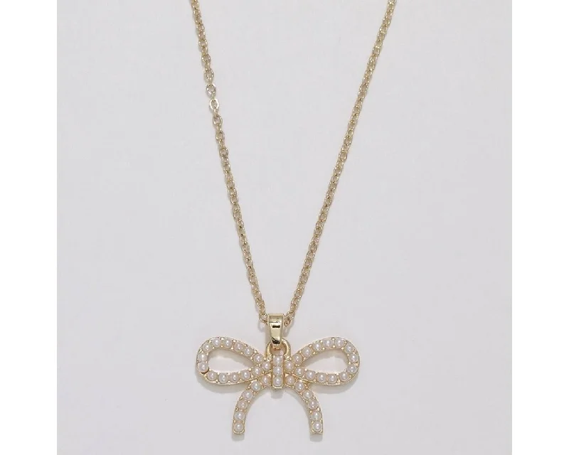 Long Pendant Necklace For Fashion-Periwinkle by Barlow : Delightful gold bow with pearls - Necklace