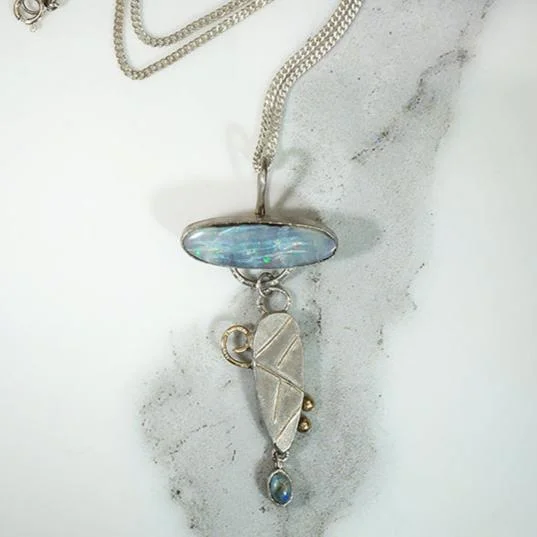 Silver Chain Necklace For Casual Wear-Sterling & Opal Necklace with Gold Accents Signed Bluejacket