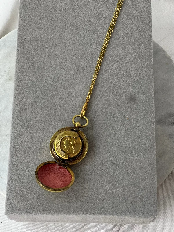 Handcrafted Silver Necklace For Special Gifts-Estate Collection Necklace - Gold Coin Locket on Gold Chain