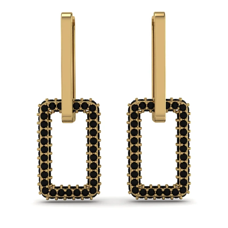 Large Dangle Earrings For Evening Parties-Luxury Square Chain Link Gold Earrings With Black Diamond - Zuri No. 7