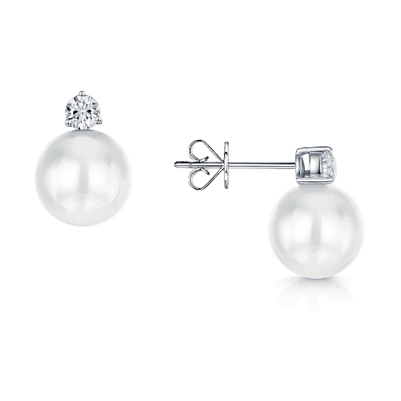 Custom Diamond Earrings For Gifts-18ct White Gold 11.80mm Pearl and Round Brilliant Cut Diamond Stud Earrings