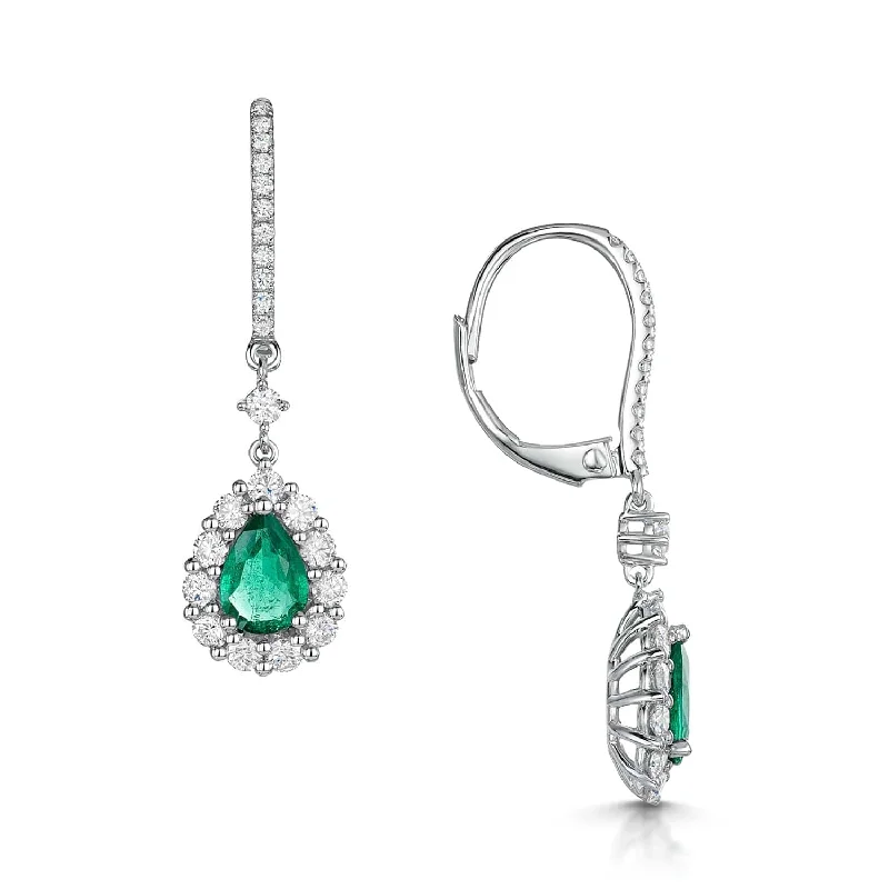 Cute Earrings With Natural Stones-18ct White Gold Pear Shape Emerald And Diamond Halo Drop Earrings