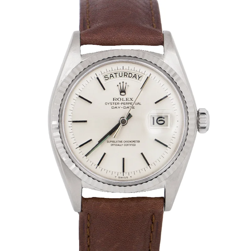 Men’s Watches With Tachymeter Features-VINTAGE 1967 Rolex Day-Date SILVER 18K White Gold Fluted Leather 36mm Watch 1803