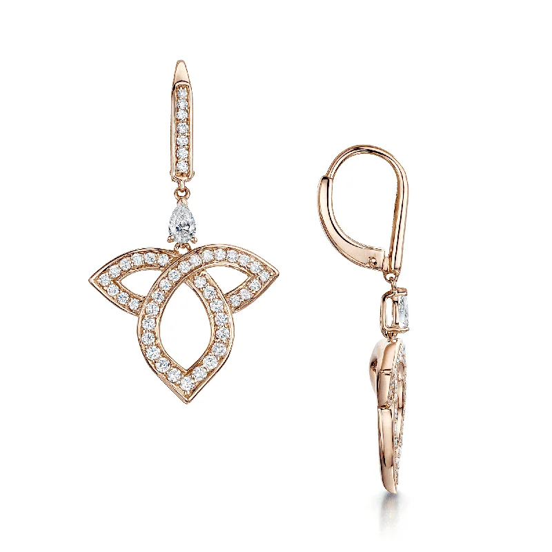 Trendy Stud Earrings For Office-18ct Rose Gold Pear And Round Brilliant Cut Open Lotus Drop Earrings