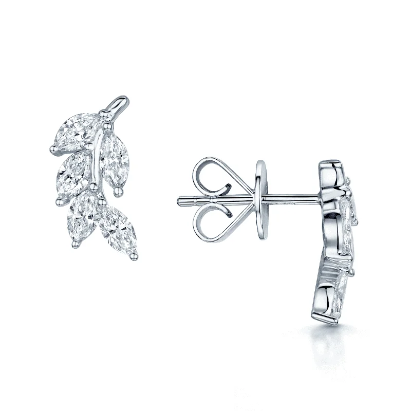 Round Crystal Earrings-18ct White Gold Marquise Diamond Leaf Stud Earrings