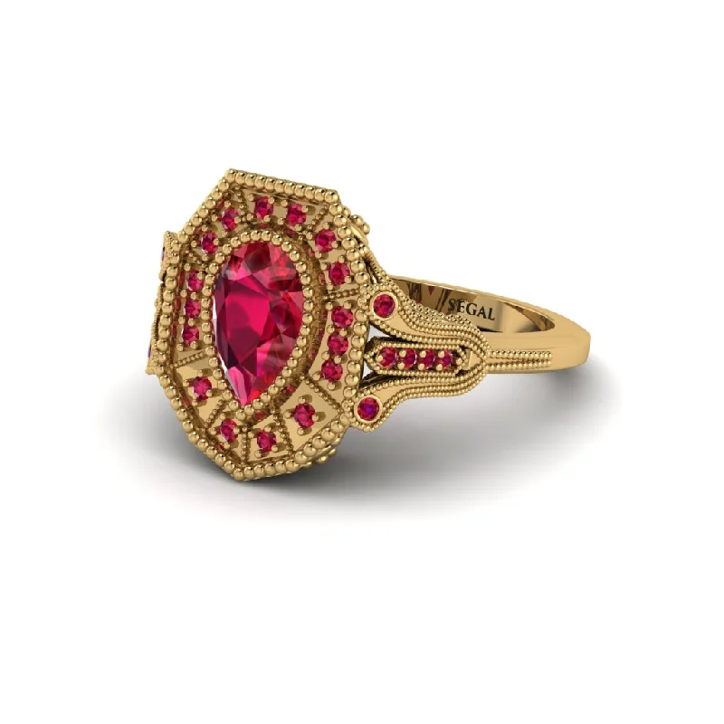 Classic Gold Rings For Elegant Look-Ruby Pear Cut Art Deco Engagement Ring - Rosalind No. 55