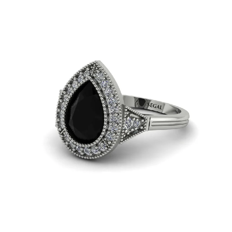 Trendy Men’s Rings For Stylish Look-Pear Cut Black Diamond Milgrain Halo Engagement Ring - Daleyza No. 9