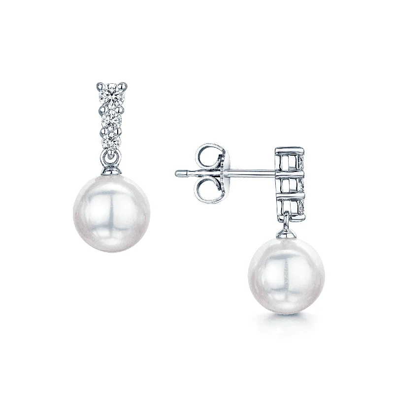 Minimalist Earrings For Office Wear-18ct White Gold Diamond & Akoya Pearl Morning Dew Drop Earrings