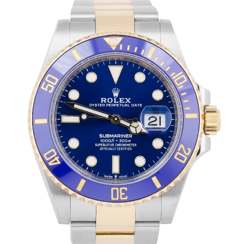 Watches With Bluetooth Connectivity-MINT Rolex Submariner Date BLUE Stainless Steel 18K Yellow Gold 41mm 126613 LB