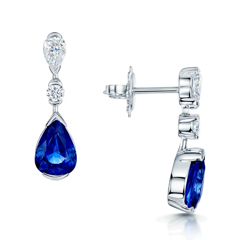 Personalized Birthstone Earrings-18ct White Gold Pear Cut Sapphire And Diamond Three Stone Drop Earrings