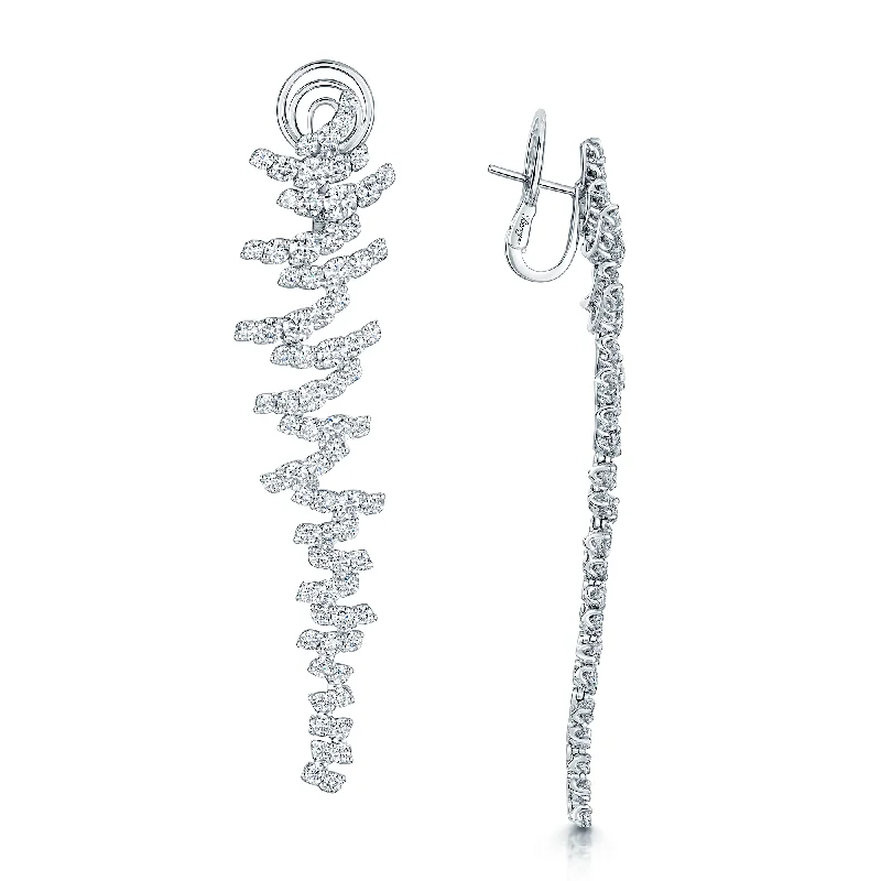 Modern Statement Earrings-18ct White Gold Round Brilliant Cut Diamond Zig-Zag Style Drop Earrings