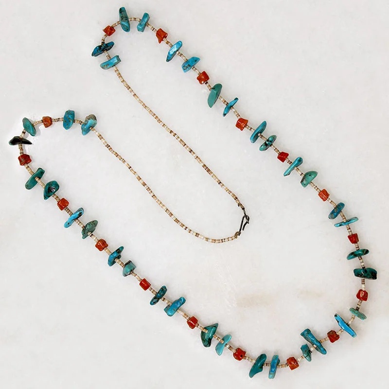 Handmade Boho Necklace For Free-Spirited Style-Long Turquoise, Coral & Heishi Bead Necklace