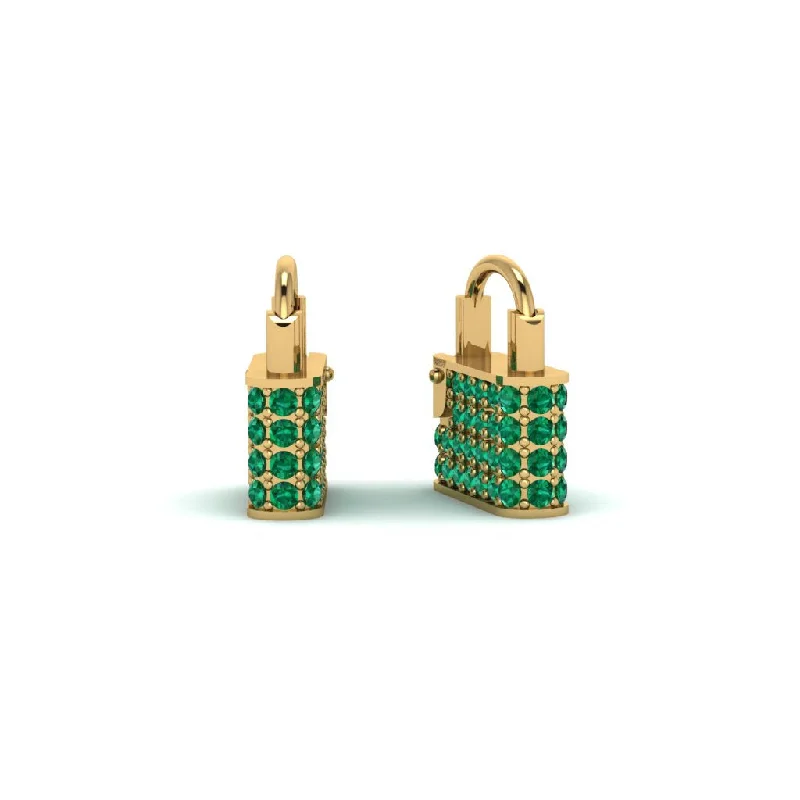 Gold Earrings With Pink Stones-Gold Padlock Hoop Emerald Earrings - Queenie No. 4