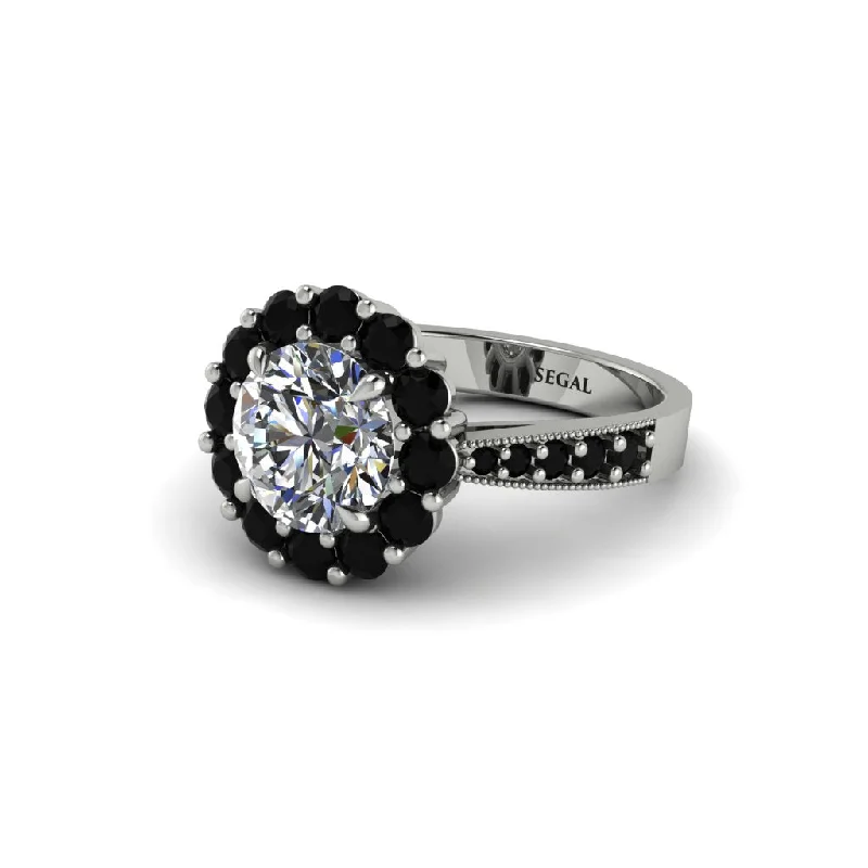 Personalized Wedding Bands For Fashion Lovers-Black Diamond Round Halo Engagement Ring - Unity No. 33