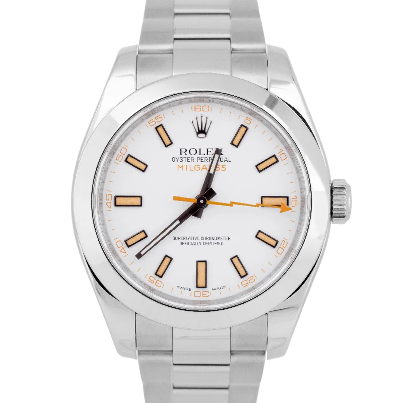 Digital Watches With Multi-Sport Modes-MINT PAPERS Rolex Milgauss White Orange Stainless Steel 40mm Watch 116400 BOX