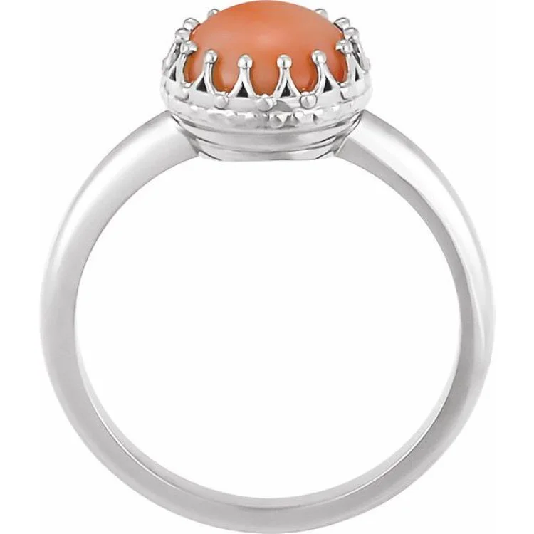 Elegant Gold Engagement Rings For Brides-14K White 6 mm Natural Pink Coral Crown Cabochon Ring