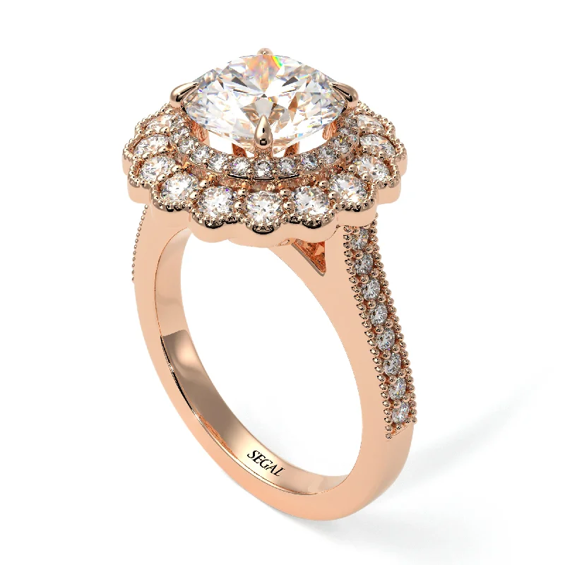 Custom Rose Gold Wedding Rings For Bridesmaids-Diamond Double Halo Cathedral Engagement Ring - Deirdre No. 2