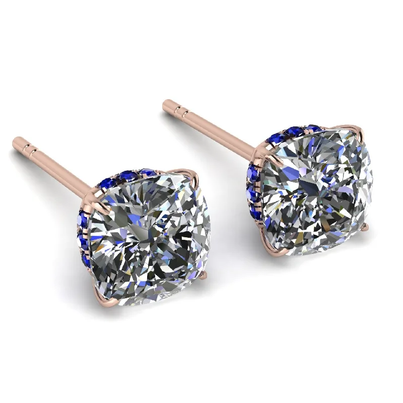 Gold Earrings With Clear Crystals-Hidden Halo Cushion Diamond Earrings - Alivia No. 62