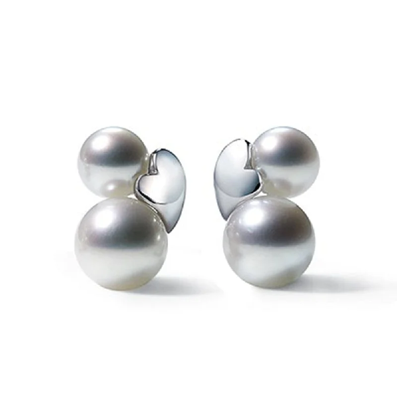 Dangling Pearl Earrings-18ct White Gold Akoya Pearl Precious Heart Stud Earrings