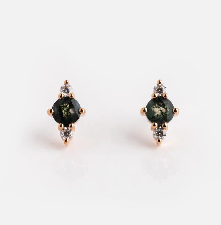 Silver Earrings For Minimalist Look-14kt Rose Gold Moss Agate and Moissanite Triage Stud Earrings