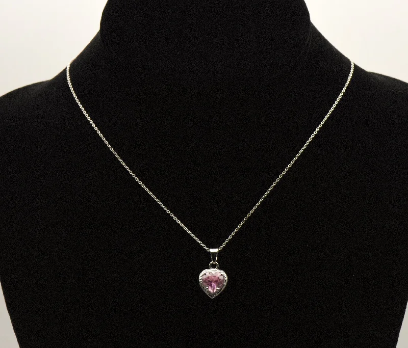 Simple Chain Necklace For Casual Style-Amanda Rose Collection - Sterling Silver Pink Heart Glass Pendant Chain Necklace - 18"