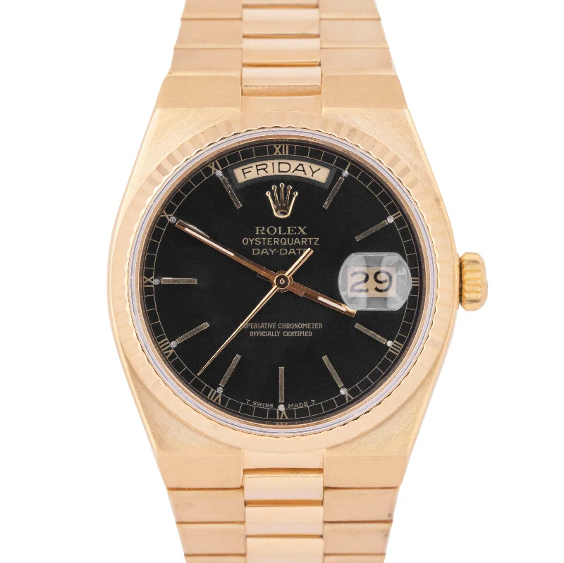 Classic Gold Watches For Women-1979 MINT Rolex OysterQuartz Day-Date President Black 18K Yellow Gold 19018