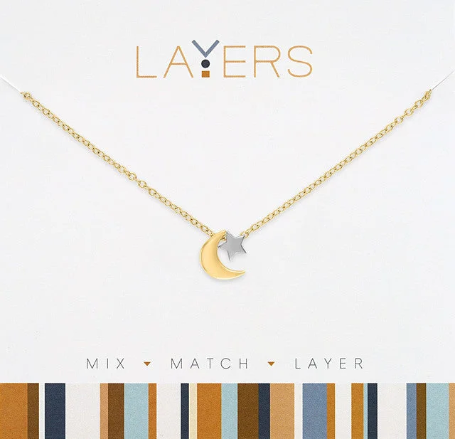 Personalized Crystal Pendant Necklace For Brides-Gold Two-Tone Moon & Star Layers Necklace