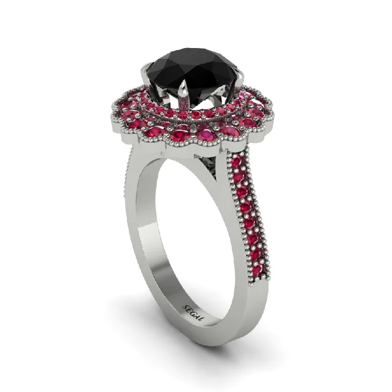 Trendy Stacking Rings For Everyday Wear-Ruby Double Halo Cathedral Engagement Ring - Deirdre No. 54