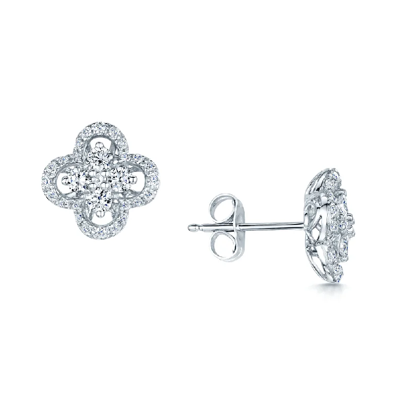 Large Gold Earrings For Evening Parties-18ct White Gold Quatrefoil Diamond Set Stud Earrings