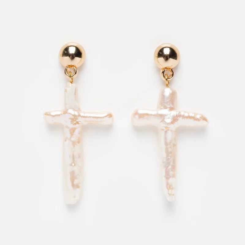 Stylish Drop Earrings For Date Night-Organic Freshwater Pearl Cross Earrings