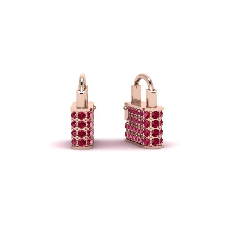 Elegant Sapphire Earrings-Gold Padlock Hoop Ruby Earrings - Queenie No. 11