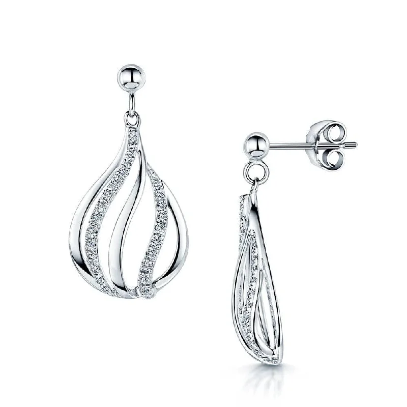 Simple Silver Earrings For Women-18ct White Gold Diamond Open Teardrop Earrings