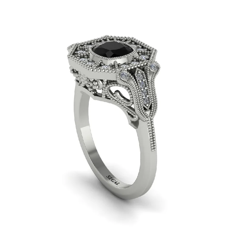 Classic Solitaire Rings For Engagement Gifts-Black Diamond Cushion Cut Art Deco Engagement Ring - Kristin No. 9