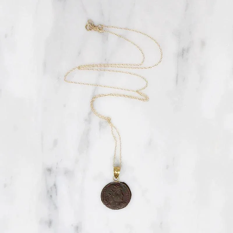 Trendy Long Necklace For Fashion Week-Constantine I Roman Copper Coin in Gold Necklace