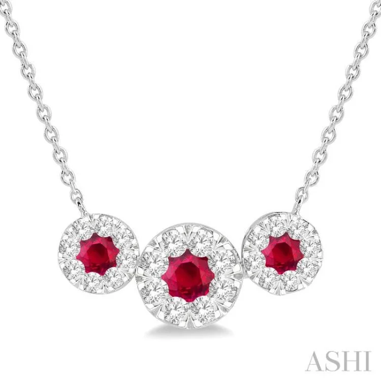 Sparkling Gold Necklace For Holiday Parties-5/8 ctw Tri Stone 3.80MM & 3MM Ruby and Round Cut Diamond Precious Necklace in 14K White Gold