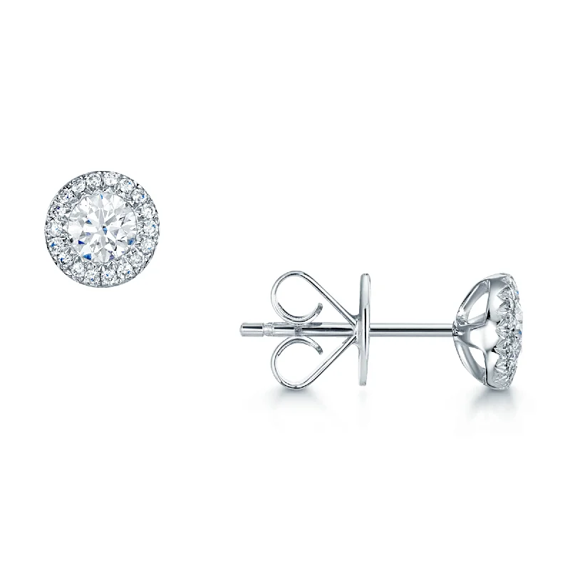 Long Silver Drop Earrings For Weddings-18ct White Gold Round Brilliant Diamond Halo Stud Earrings