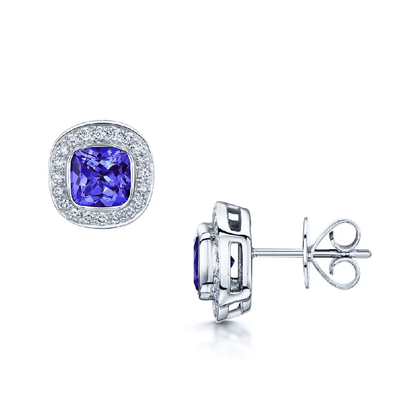 Simple Gold Stud Earrings For Office Look-18ct White Gold Cushion Tanzanite & Diamond Earrings