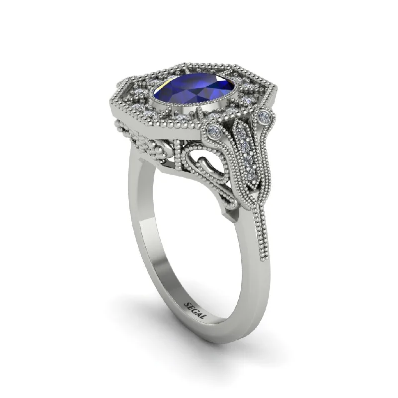 Unique Wedding Bands For Couples-Sapphire Oval Cut Art Deco Engagement Ring - Tabitha No. 15