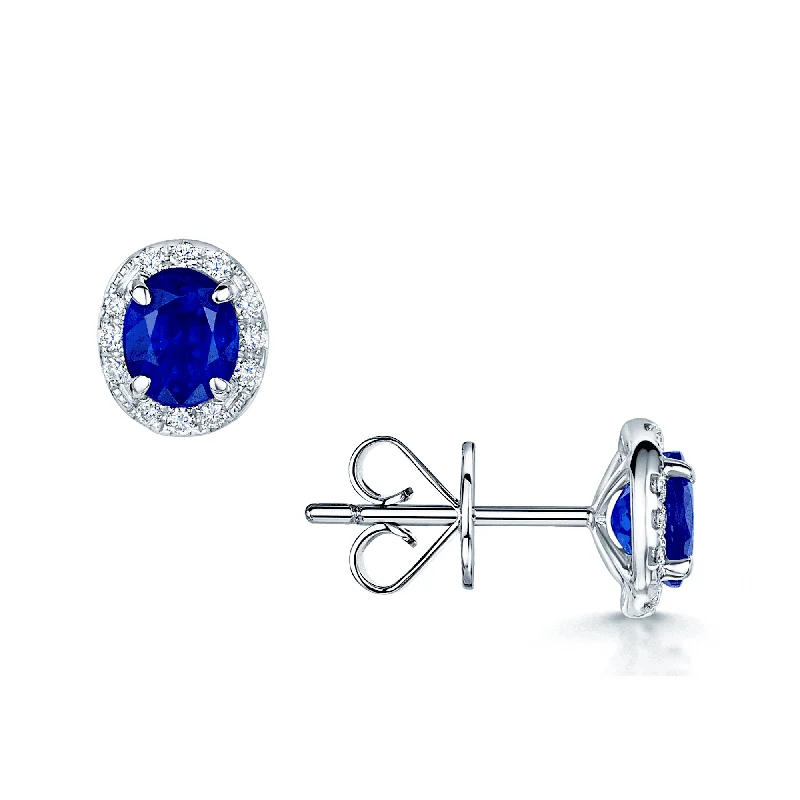 Unique Beaded Earrings For Women-18ct White Gold Oval Sapphire And Diamond Halo Stud Earrings