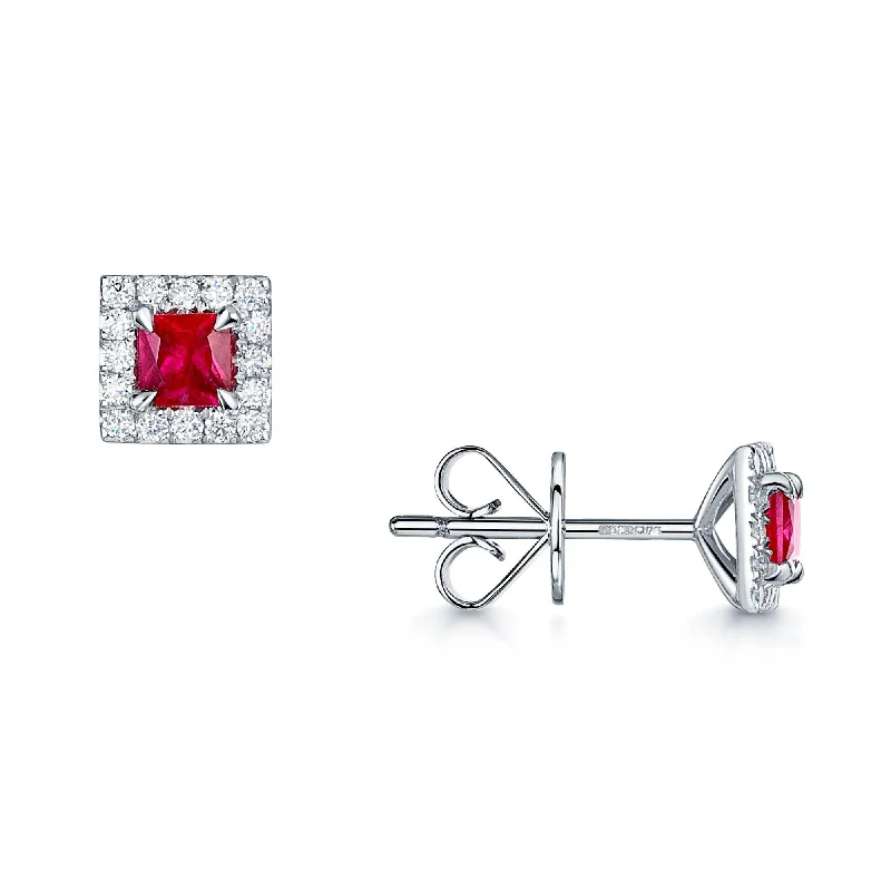 Designer Earrings With Swarovski Crystals-18ct White Gold Square Cut Ruby And Diamond Cluster Earrings