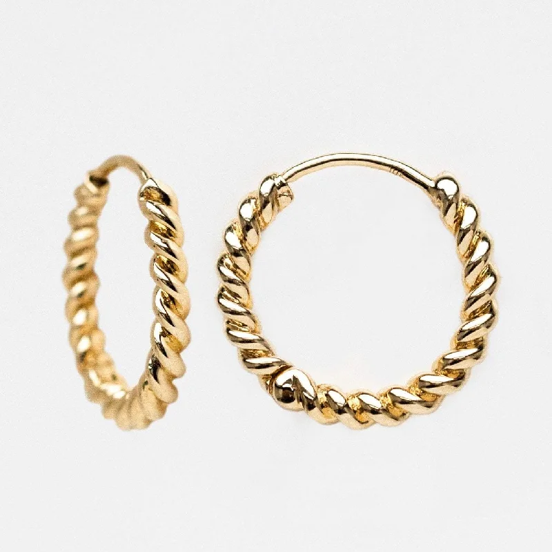 Large Gold Earrings For Evening Parties-Solid Gold Twisted Huggie Hoops