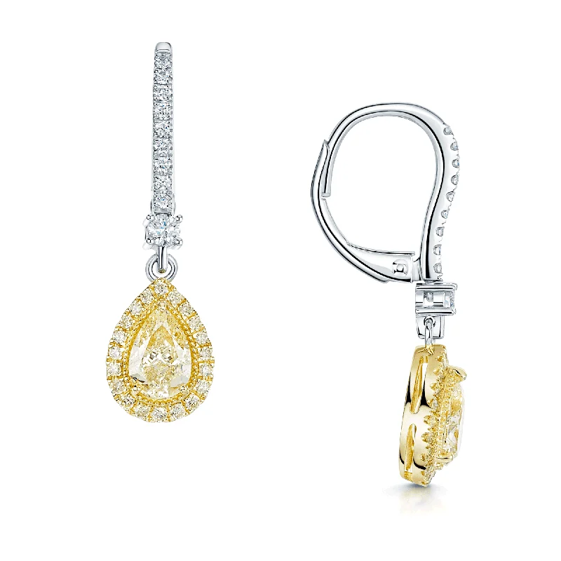 Artistic Earrings For Fashionistas-18ct White And Yellow Gold Pear Shaped Yellow Diamond Halo Drop Earrings