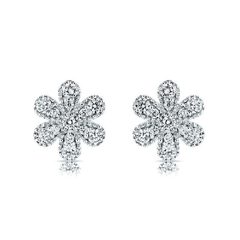 Gold Plated Stud Earrings-18ct White Gold Diamond Set Flower Stud Earrings