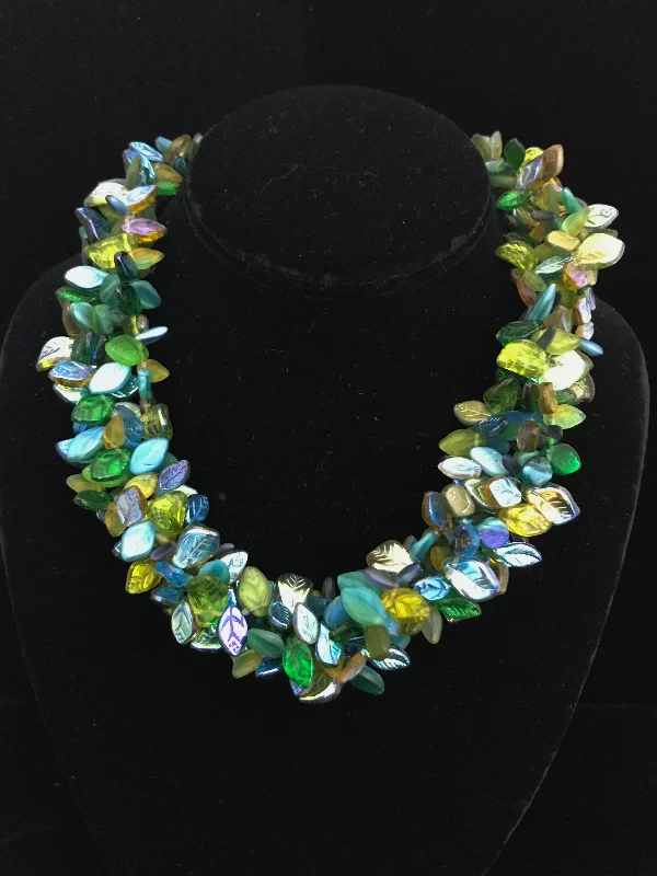 Handmade Gemstone Necklace For Special Occasions-Czech Leaves Green/Blue